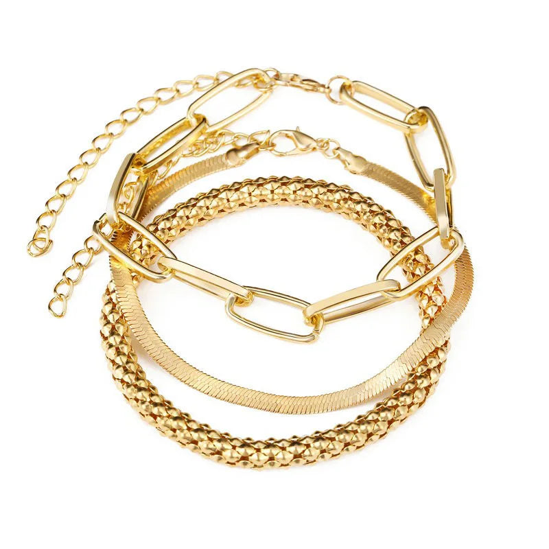 Bohemian Metal Chain Bracelet Set For Women Geometric Gold Color Thick Link Chain Open Bangle Female Fashion Jewelry