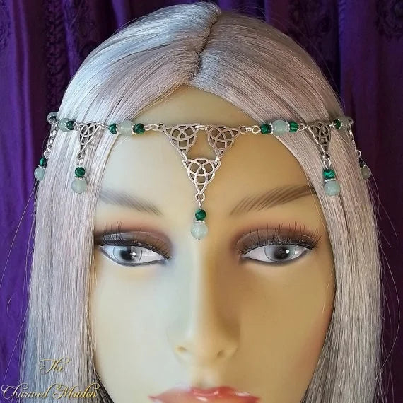 Green Gemstone Celtic Headpiece, Medieval Triquetra Circlet, Renaissance Headdress, Medieval Costume Jewellery, Wedding