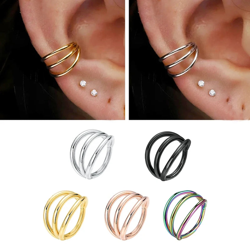 Punk Surgical Steel Segment Tragus Helix Cartilage Earring Nose Ring Septum Clicker Conch Three Layers Nostril Piercing Jewelry