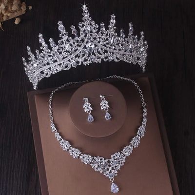 Luxury Silver Color Crystal Water Drop Bridal Jewelry Sets Rhinestone Tiaras Crown Necklace Earrings Wedding Dubai Jewelry Set