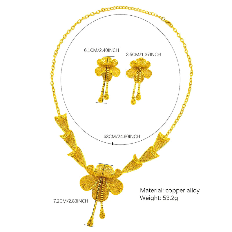 Dubai Indian African Flower Necklace Earrings Jewelry Set For Women 24K Gold Plated Nigeria Bridal Wedding Party Gift Jewellery