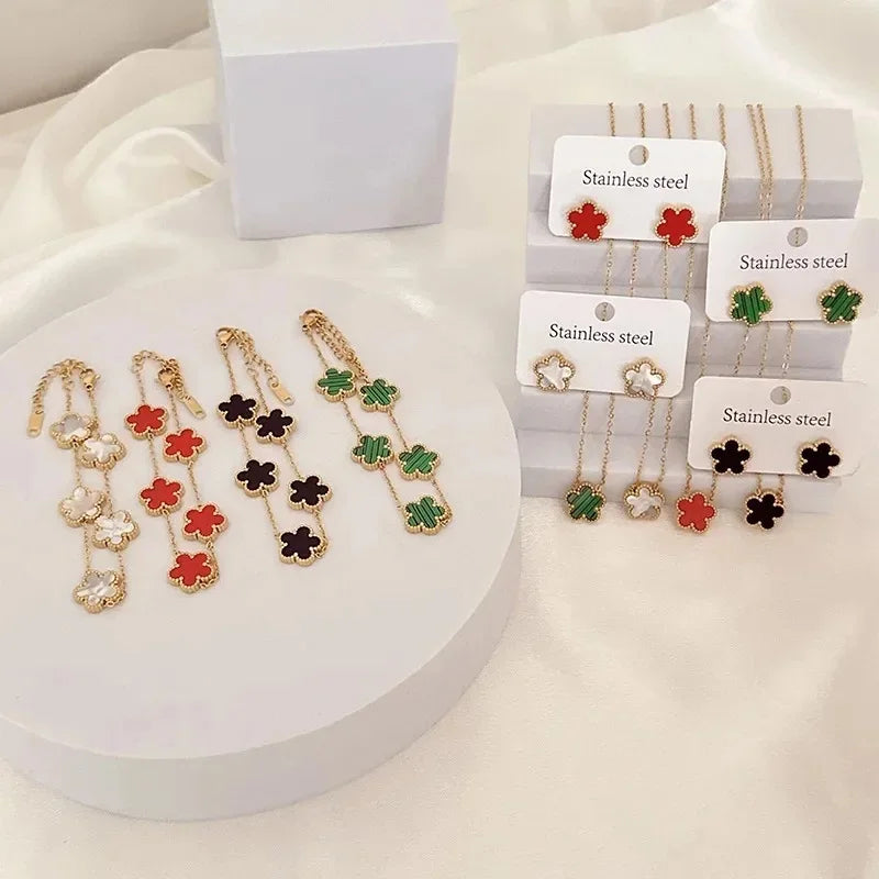 Gold Plated Lucky Stainless Steel Five Leaf Flower 3PCS Jewelry Set Bracelet Necklace Earrings for Women Party Jewelry Clover