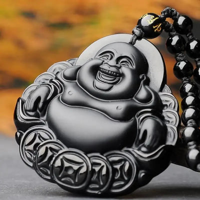 Retro Natural Obsidian Maitreya Buddha Pendant Beaded Necklace for Men and Women Buddhist Buddha Statue Amulet Jewelry