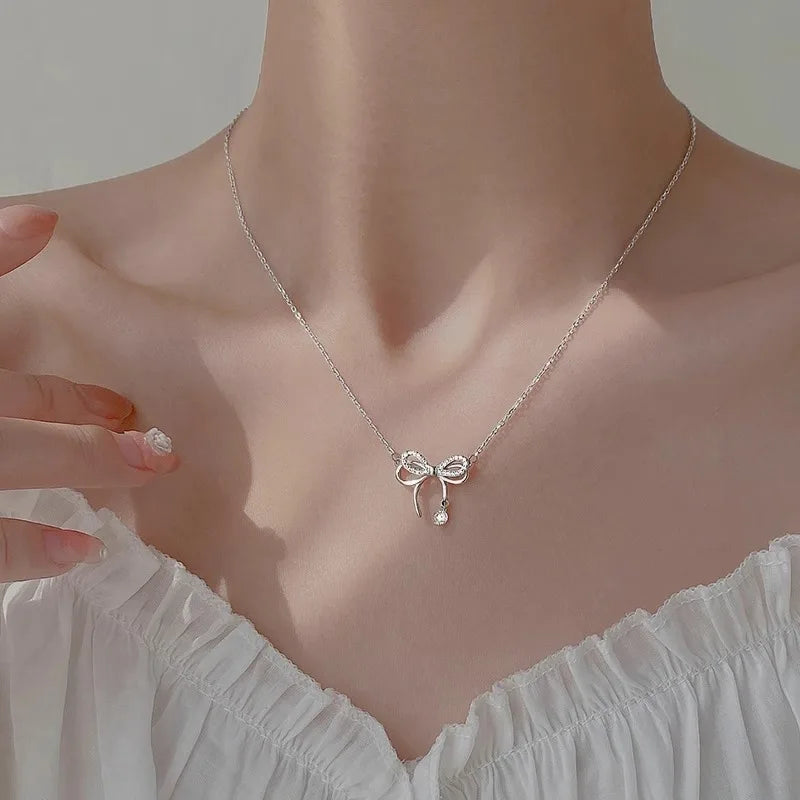 Exquisite Clavicle Chain Elegant Scrub Bow Pendant Necklace For Women Girls Temperament Collar Chain Korean Student