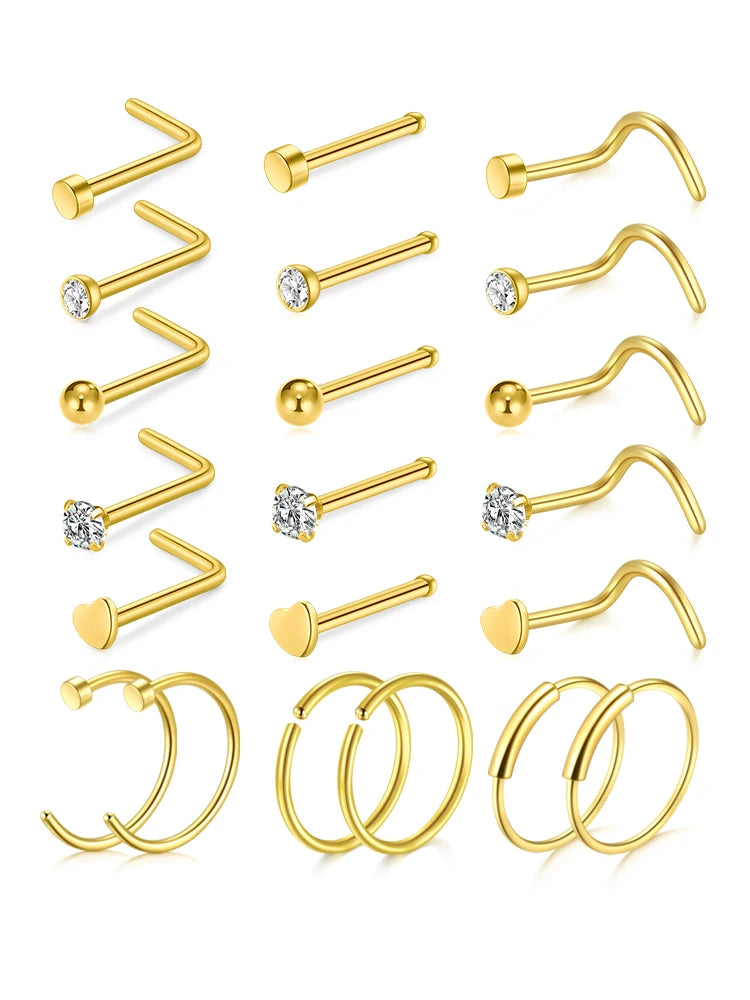 5/6/21Pcs 20G Nose Studs Stainless Steel Nostril Studs Screws Nose Ring Hoop Body Piercing Silver Gold Color Heart Nose Studs