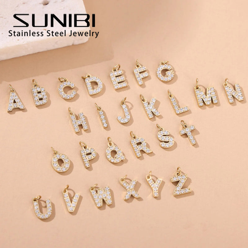 SUNIBI Stainless Steel DIY 26 Initial Pendant for Women Zircon Alphabet Charm Jewelry Making Anniversary Gift Customizable Name