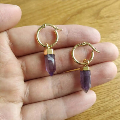 FUWO Wholesale Natural Amethysts Point Earrings,Golden Plated Handmade Bullet Shape Purple Crystal Jewelry 5Pairs/Lot ER117