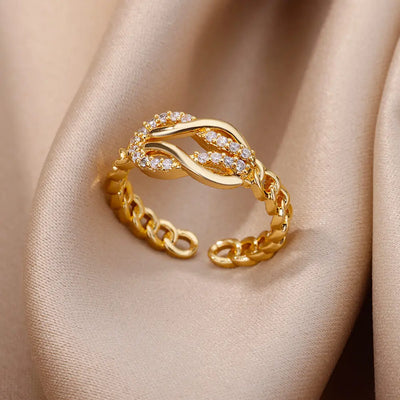 Fashion Gold Color Stainless Steel Rings For Women Chain Hollow Out Crystal Zircon Finger Ring Jewelry 2023 Gift anillos mujer