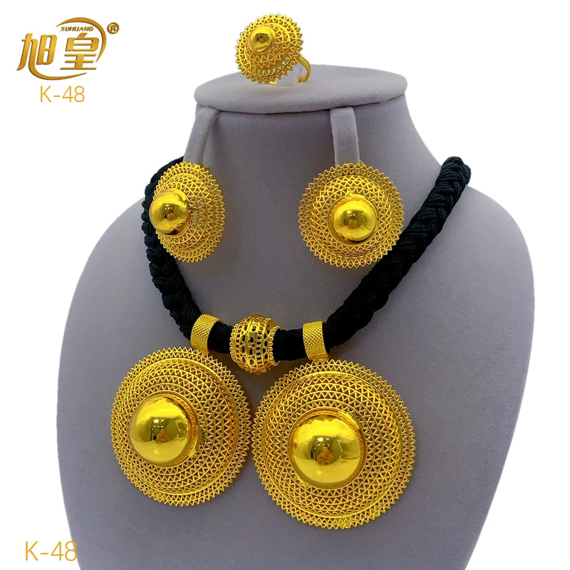 Ethiopian Black Rope Necklace Earrings Jewelry Set For Women 24K Gold Plated Dubai Indian African Bridal Wedding Party Jewellery