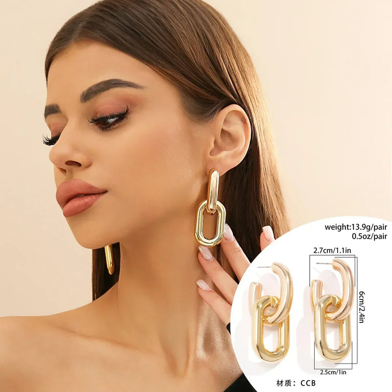 Retro Double Loop Design Drop Earrings Gold Color Geometric Round Hoop Earrings for Women Girls Punk Hip Hop Fashion Jewelry